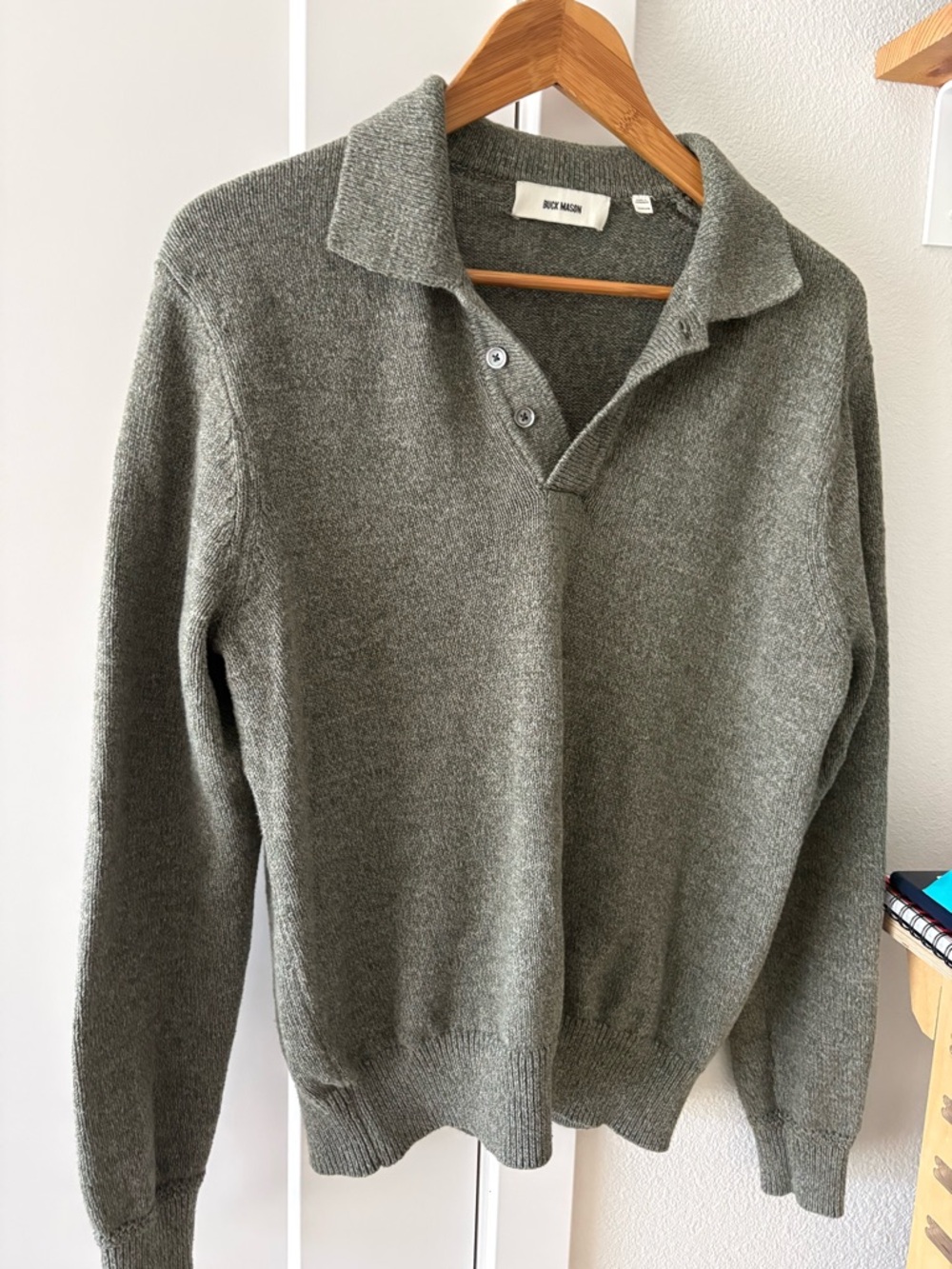 Buck Mason Men's Green Knit Polo Sweater